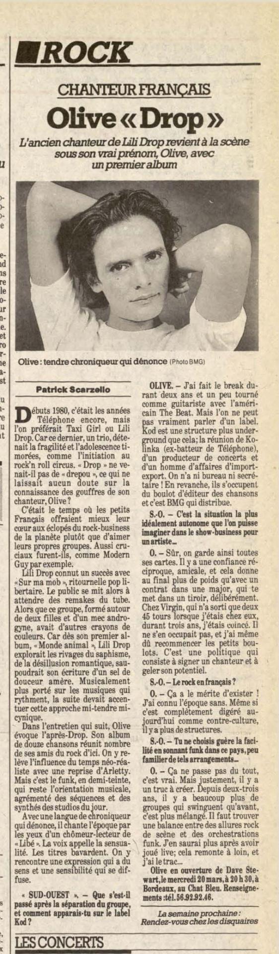 14 mars 1991 interview de l ex lili drop olive realisee par patrick scarzello pour le quotidien sud ouest